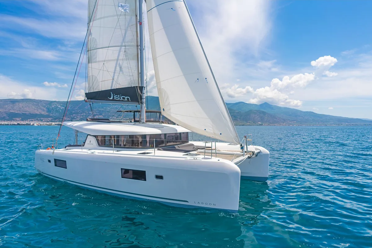 Exterior view of Aurora, a Lagoon 42 catamaran at Preveza, Greece