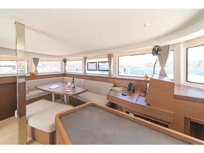 Salon of Aurora, a Lagoon 42 catamaran at Preveza, Greece
