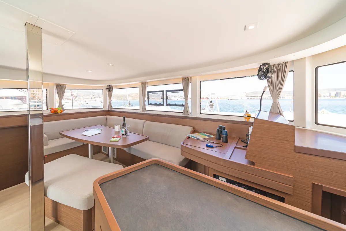 Salon of Aurora, a Lagoon 42 catamaran at Preveza, Greece
