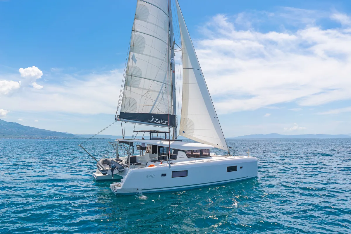 Exterior view of Aurora, a Lagoon 42 catamaran at Preveza, Greece