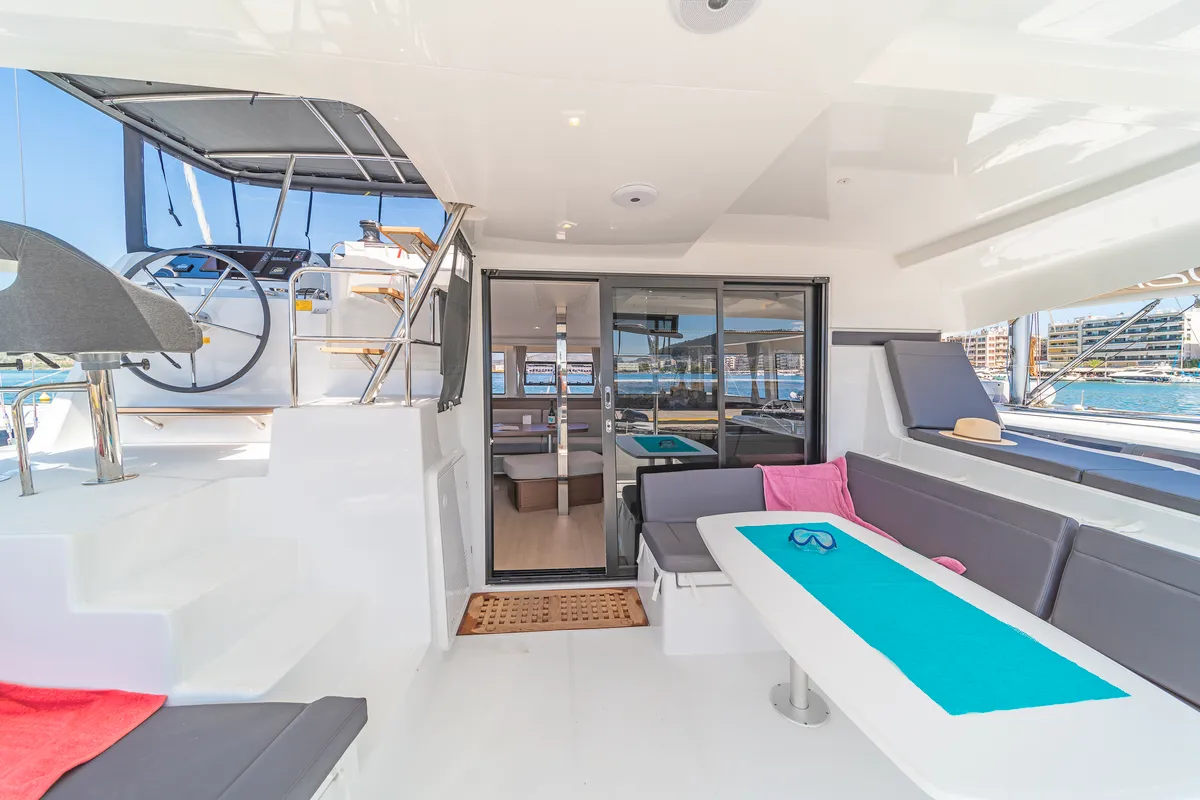 Deck of Aurora, a Lagoon 42 catamaran at Preveza, Greece