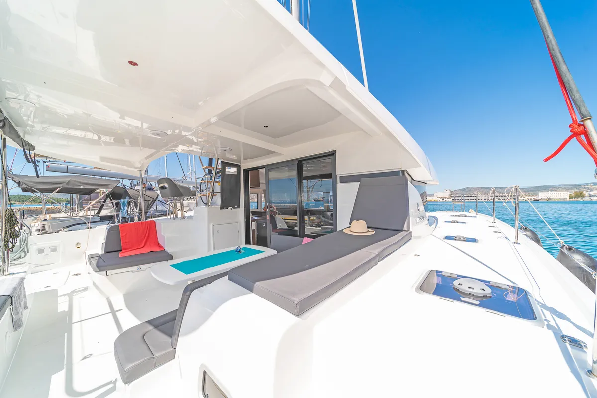 Deck of Aurora, a Lagoon 42 catamaran at Preveza, Greece