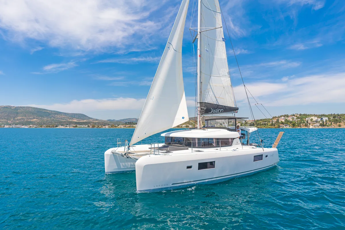 Exterior view of Aurora, a Lagoon 42 catamaran at Preveza, Greece