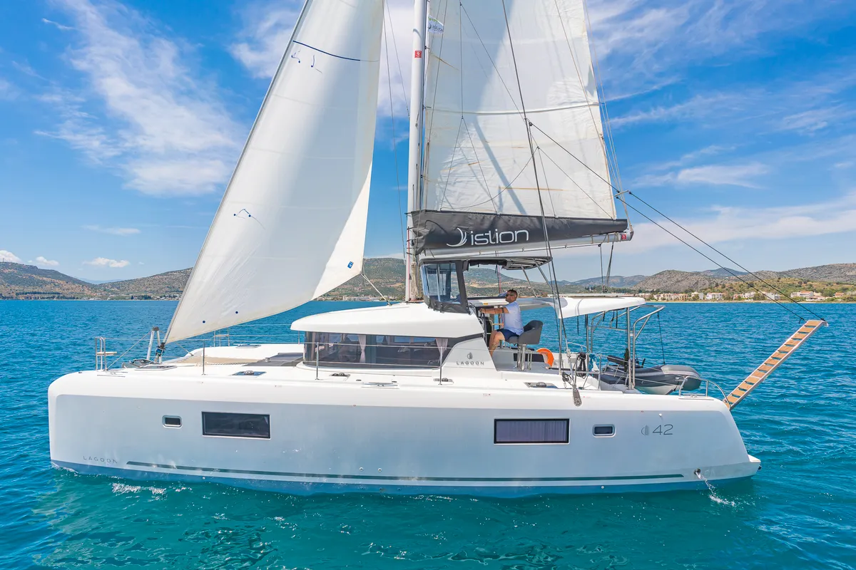 Exterior view of Aurora, a Lagoon 42 catamaran at Preveza, Greece