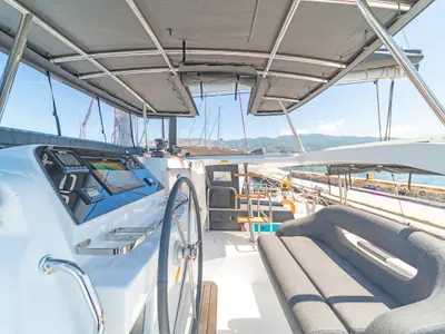 Cockpit of Aurora, a Lagoon 42 catamaran at Preveza, Greece