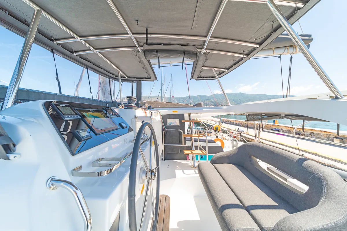 Cockpit of Aurora, a Lagoon 42 catamaran at Preveza, Greece