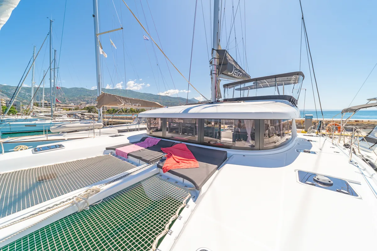Deck of Aurora, a Lagoon 42 catamaran at Preveza, Greece