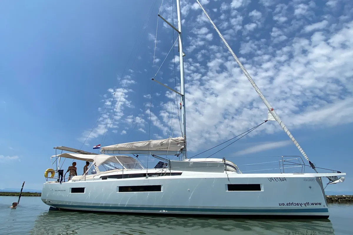 Exterior view of Thalaia, a Jeanneau Sun Odyssey 440 sailboat at Grad Pula, Croatia