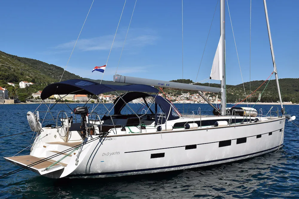 Exterior view of Rosso, a D&D Kufner 50 sailboat at Seget Donji, Croatia