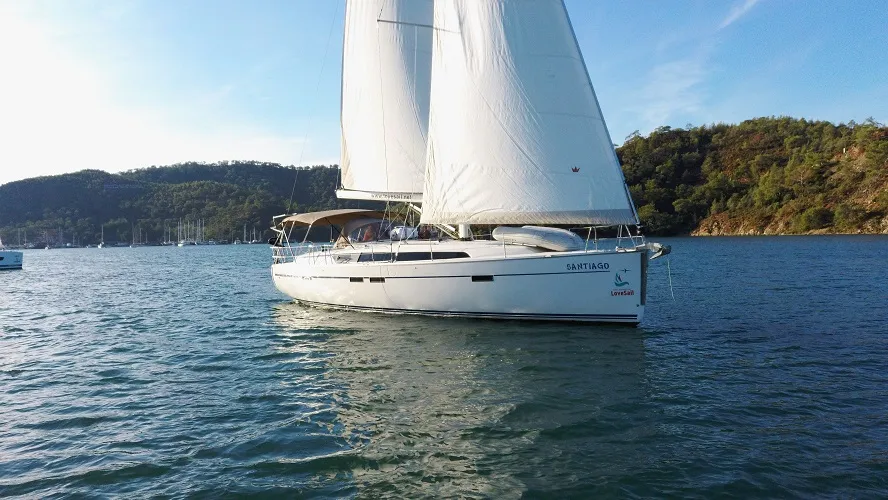 Exterior view of Santiago, a Bavaria Cruiser 46 sailboat at Fethiye, Turkey