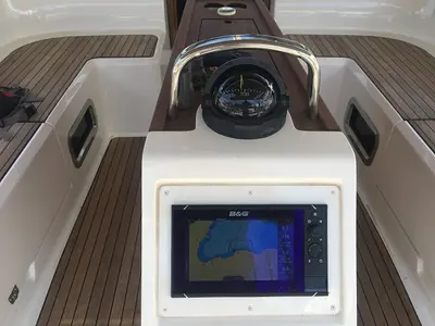 Deck of Santiago, a Bavaria Cruiser 46 sailboat at Fethiye, Turkey
