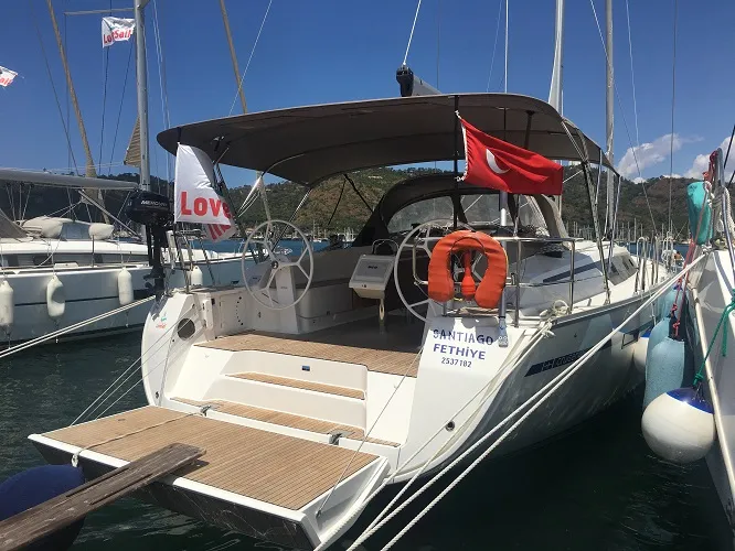 Cockpit of Santiago, a Bavaria Cruiser 46 sailboat at Fethiye, Turkey