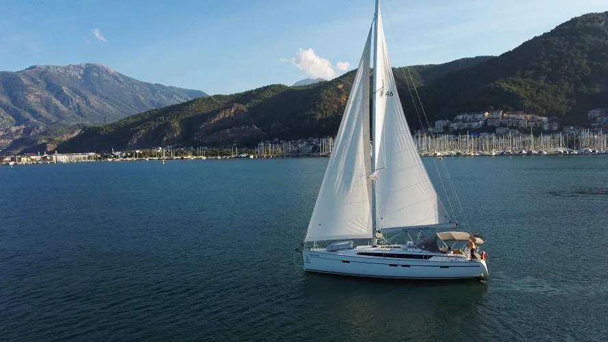 Exterior view of Santiago, a Bavaria Cruiser 46 sailboat at Fethiye, Turkey