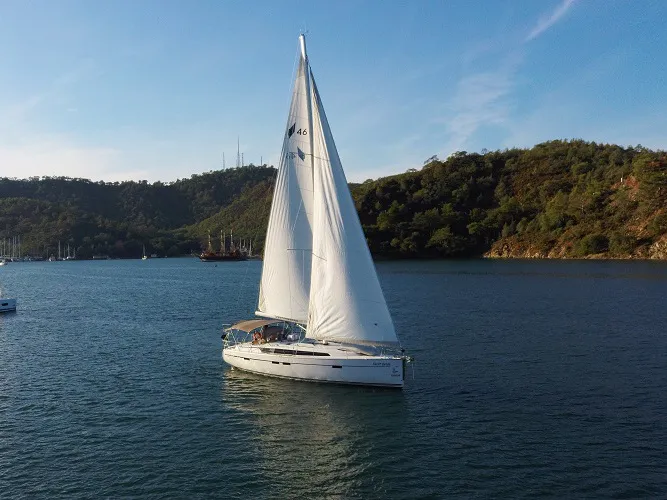 Exterior view of Santiago, a Bavaria Cruiser 46 sailboat at Fethiye, Turkey