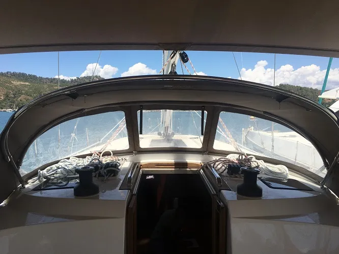 Deck of Santiago, a Bavaria Cruiser 46 sailboat at Fethiye, Turkey