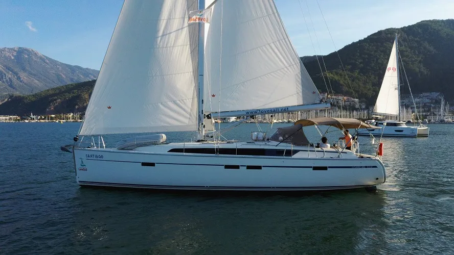 Exterior view of Santiago, a Bavaria Cruiser 46 sailboat at Fethiye, Turkey