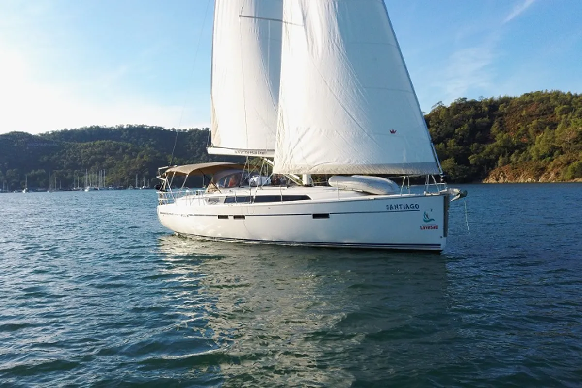 Exterior view of Santiago, a Bavaria Cruiser 46 sailboat at Fethiye, Turkey
