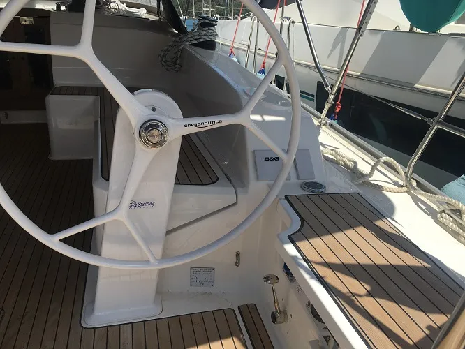 Cockpit of Santiago, a Bavaria Cruiser 46 sailboat at Fethiye, Turkey