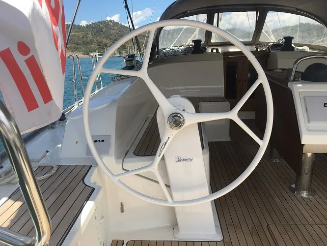 Cockpit of Santiago, a Bavaria Cruiser 46 sailboat at Fethiye, Turkey