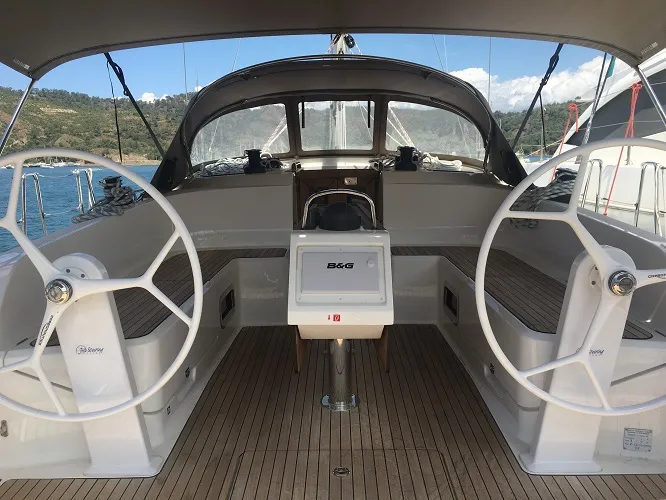 Cockpit of Santiago, a Bavaria Cruiser 46 sailboat at Fethiye, Turkey