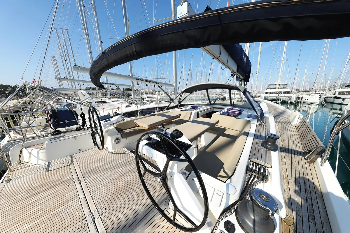 Cockpit of Amethyst, a Hanse 575 sailboat at Općina Sukošan, Croatia