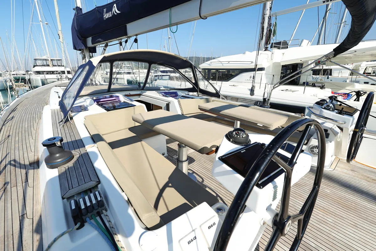 Cockpit of Amethyst, a Hanse 575 sailboat at Općina Sukošan, Croatia