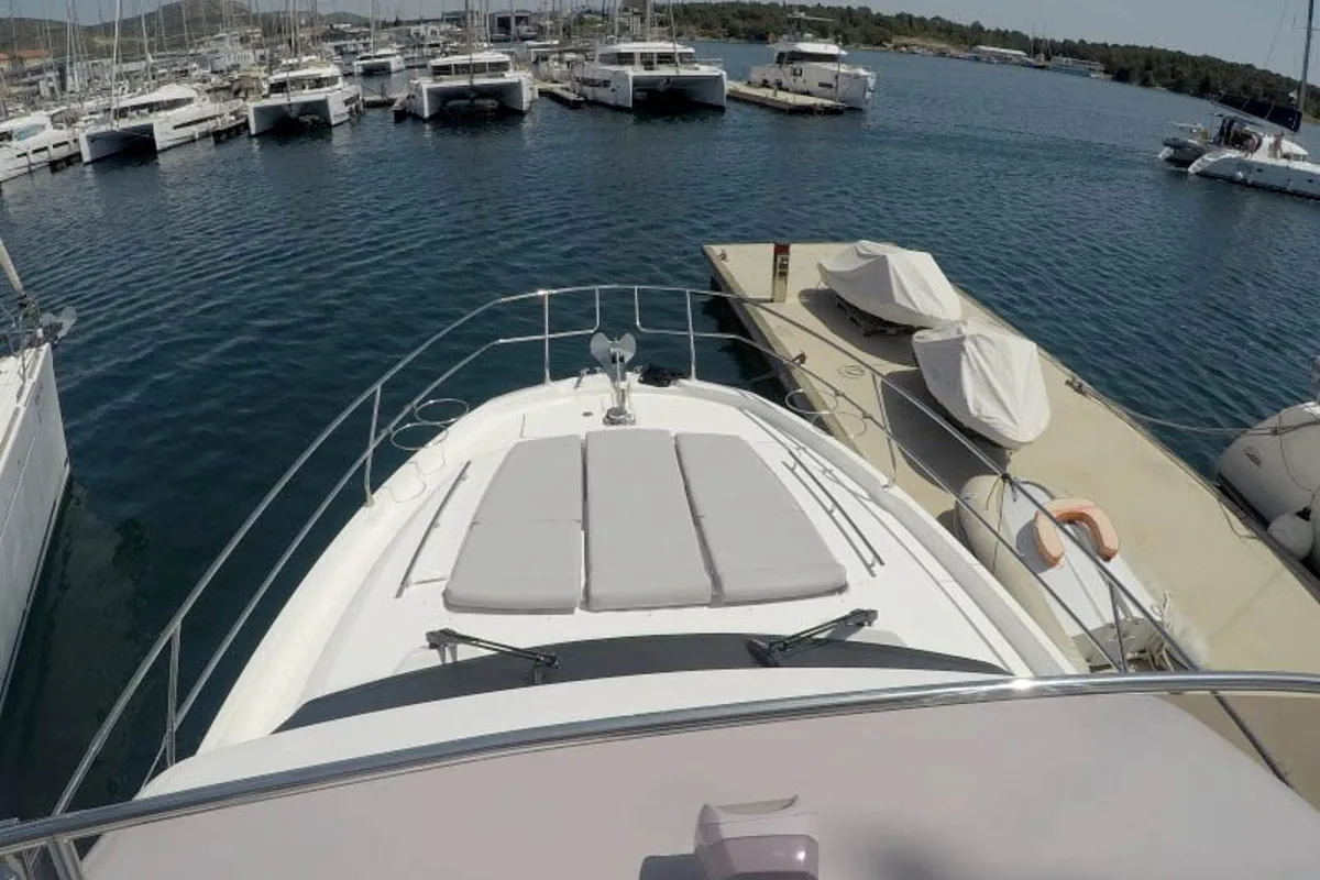 Deck of Brigadoon, a Jeanneau Prestige 420 Fly motor yacht at Grad Šibenik, Croatia