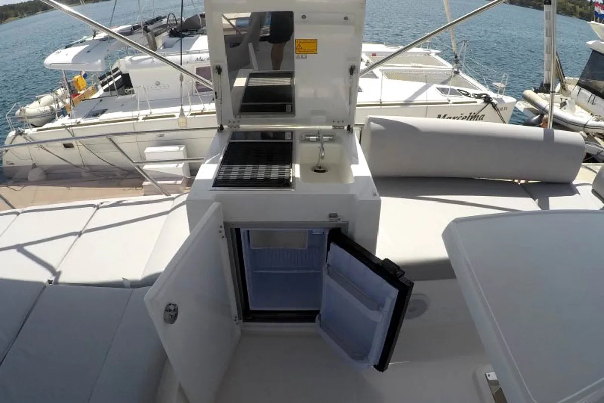 Deck of Brigadoon, a Jeanneau Prestige 420 Fly motor yacht at Grad Šibenik, Croatia