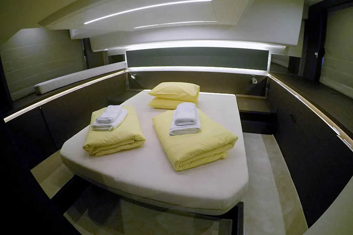 Cabin on Brigadoon, a Jeanneau Prestige 420 Fly motor yacht at Grad Šibenik, Croatia