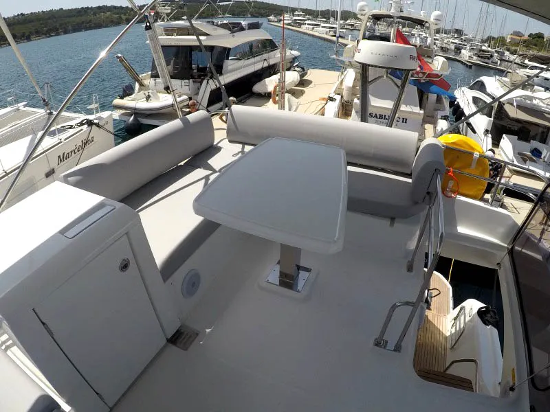 Deck of Brigadoon, a Jeanneau Prestige 420 Fly motor yacht at Grad Šibenik, Croatia
