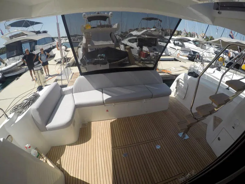 Deck of Brigadoon, a Jeanneau Prestige 420 Fly motor yacht at Grad Šibenik, Croatia