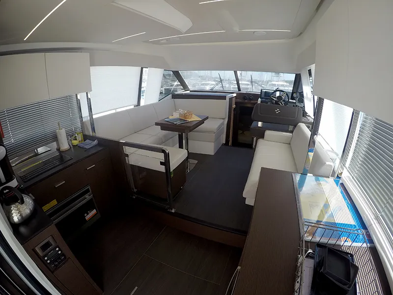 Salon of Brigadoon, a Jeanneau Prestige 420 Fly motor yacht at Grad Šibenik, Croatia
