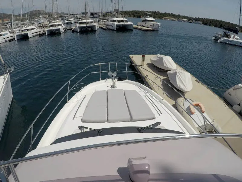 Deck of Brigadoon, a Jeanneau Prestige 420 Fly motor yacht at Grad Šibenik, Croatia