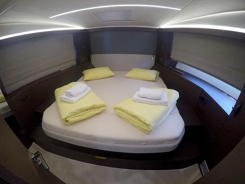 Cabin on Brigadoon, a Jeanneau Prestige 420 Fly motor yacht at Grad Šibenik, Croatia