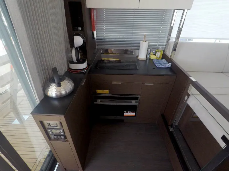 Galley of Brigadoon, a Jeanneau Prestige 420 Fly motor yacht at Grad Šibenik, Croatia
