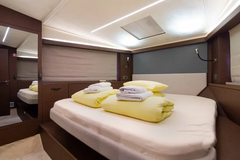 Cabin on Brigadoon, a Jeanneau Prestige 420 Fly motor yacht at Grad Šibenik, Croatia