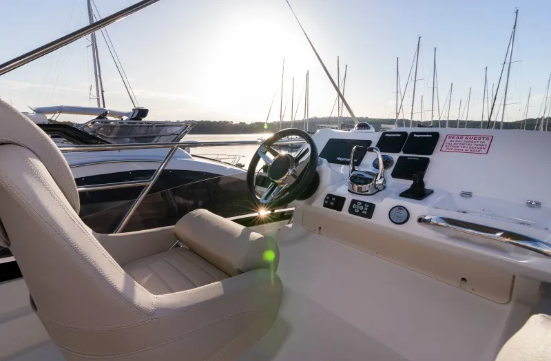 Cockpit of Brigadoon, a Jeanneau Prestige 420 Fly motor yacht at Grad Šibenik, Croatia
