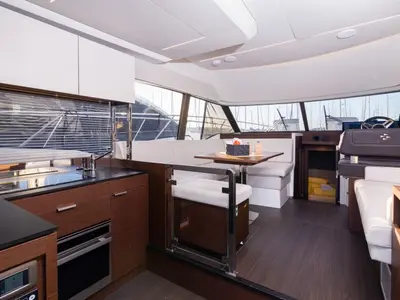 Salon of Brigadoon, a Jeanneau Prestige 420 Fly motor yacht at Grad Šibenik, Croatia