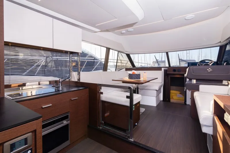 Salon of Brigadoon, a Jeanneau Prestige 420 Fly motor yacht at Grad Šibenik, Croatia