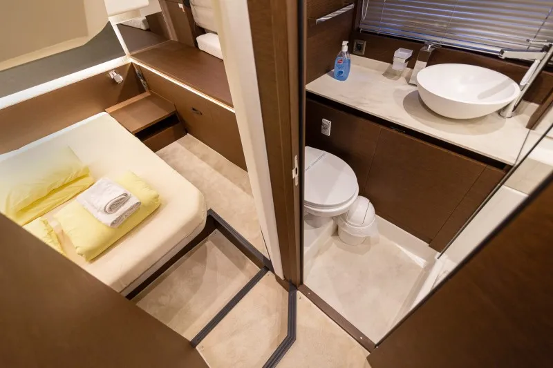 Cabin on Brigadoon, a Jeanneau Prestige 420 Fly motor yacht at Grad Šibenik, Croatia