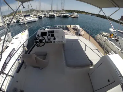 Cockpit of Brigadoon, a Jeanneau Prestige 420 Fly motor yacht at Grad Šibenik, Croatia