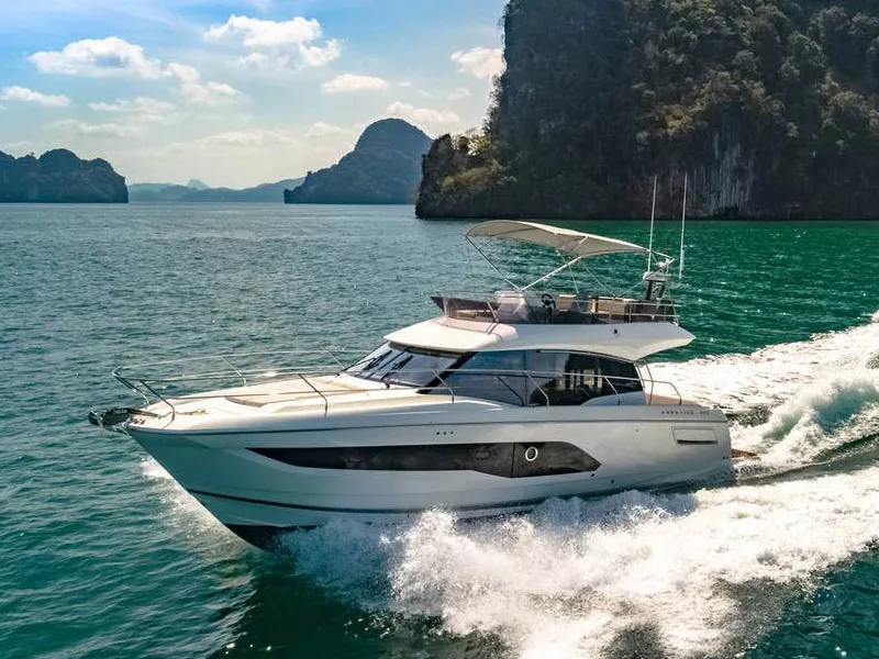 Exterior view of Brigadoon, a Jeanneau Prestige 420 Fly motor yacht at Grad Šibenik, Croatia