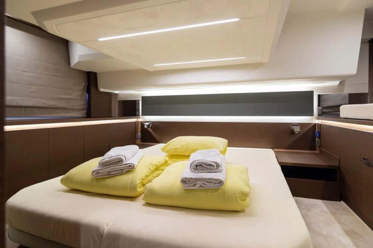Cabin on Brigadoon, a Jeanneau Prestige 420 Fly motor yacht at Grad Šibenik, Croatia