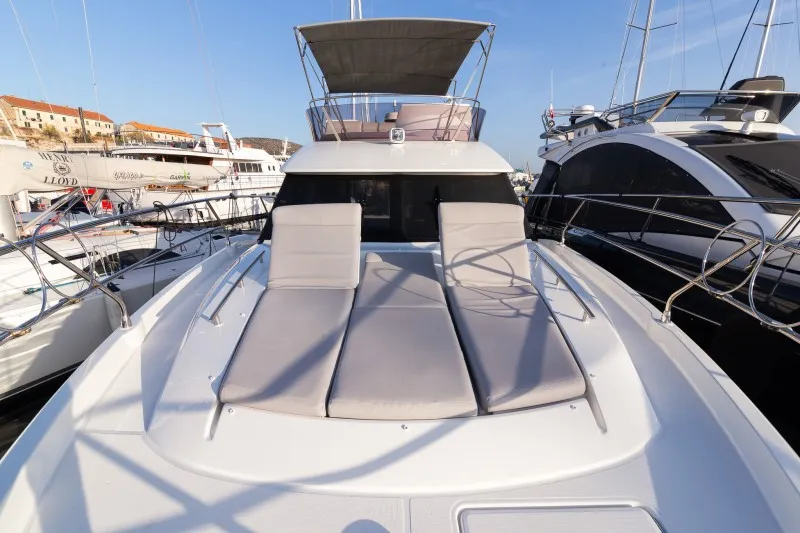 Deck of Brigadoon, a Jeanneau Prestige 420 Fly motor yacht at Grad Šibenik, Croatia