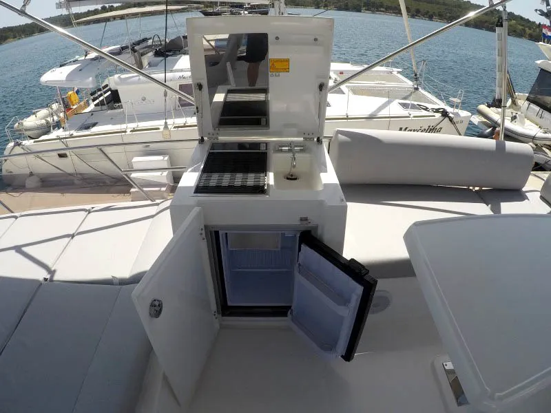 Deck of Brigadoon, a Jeanneau Prestige 420 Fly motor yacht at Grad Šibenik, Croatia