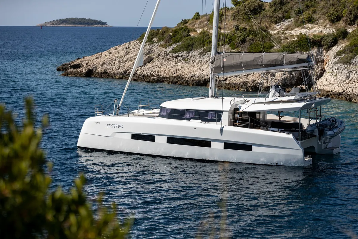 Exterior view of Pando, a Dufour 48 Catamaran catamaran at Primošten, Croatia