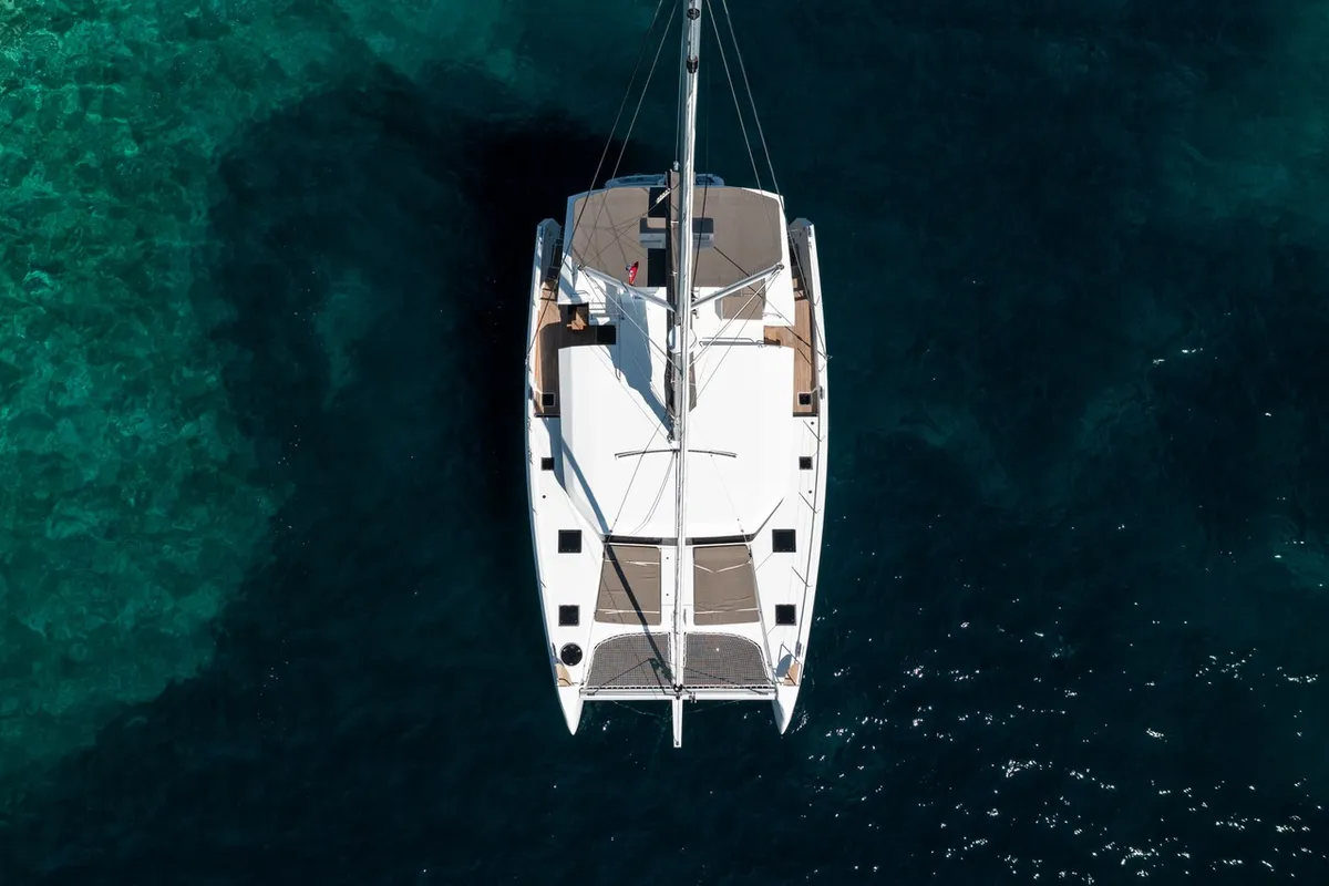 Exterior view of Pando, a Dufour 48 Catamaran catamaran at Primošten, Croatia