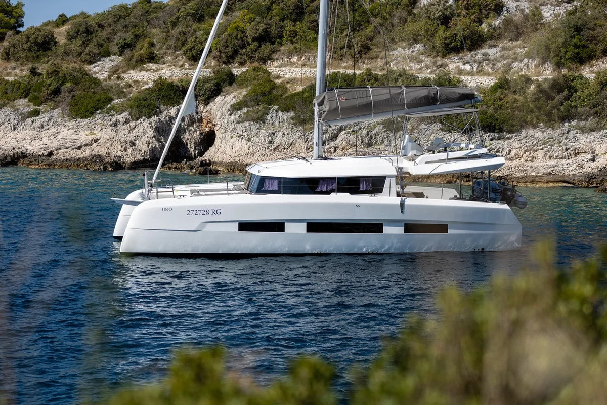 Exterior view of Pando, a Dufour 48 Catamaran catamaran at Primošten, Croatia