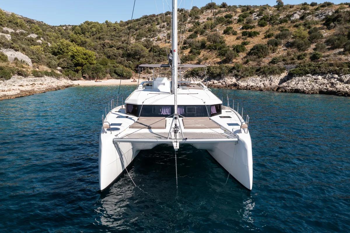 Exterior view of Pando, a Dufour 48 Catamaran catamaran at Primošten, Croatia