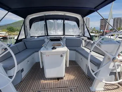 Cockpit of Sceptrum, a Beneteau Oceanis 46.1 sailboat at Salerno, Italy